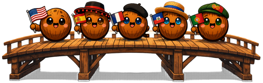 Coconut mascots holding language flags